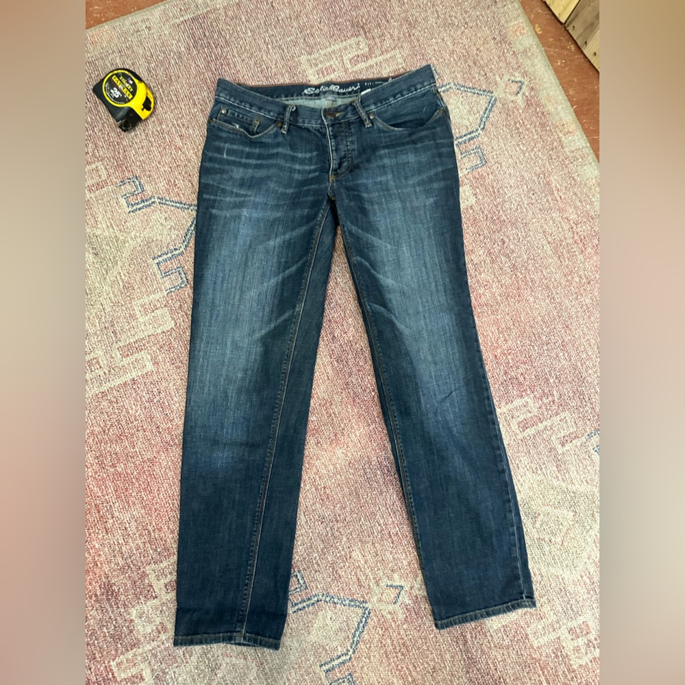 Eddie Bauer boyfriend fit relaxed leg low rise distressed dark wash size 4